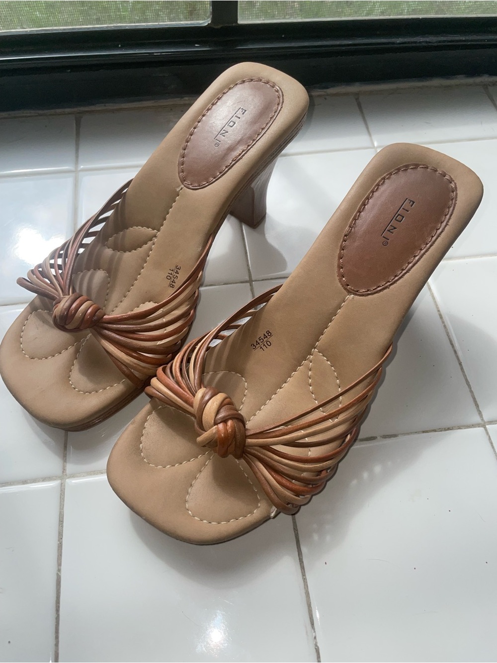 FIONI Clothing Tan Multi-Strap Knot Heel Mules